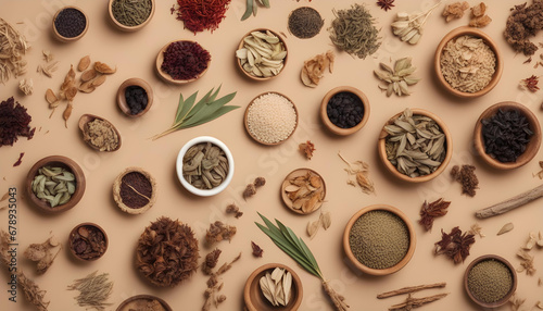 Top view of ancient Chinese herbs on light brown background photo