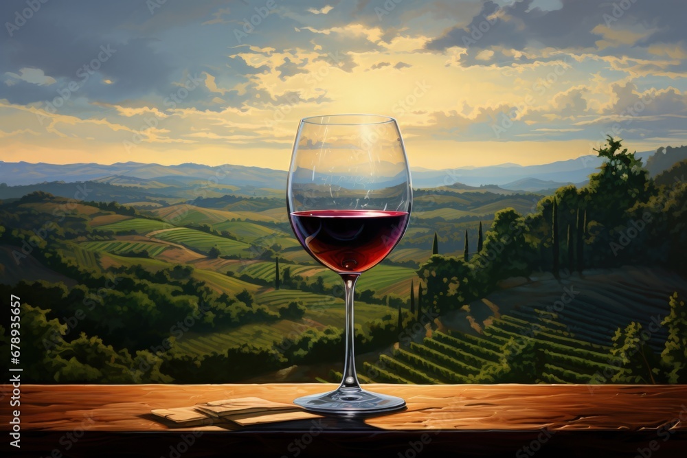 Glass of wine on a wooden table with a view of a field in the background with the sunset. Generative AI