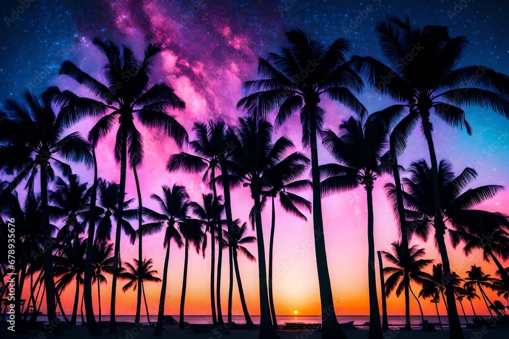 Night landscape with palm trees, against the backdrop of a neon sunset, stars. Silhouette coconut palm trees on beach at sunset. Vintage tone. Space futuristic landscape. Neon palm tree 