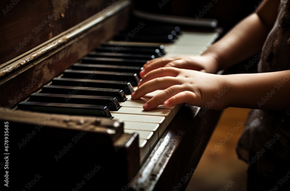 Fototapeta premium Child's hands playing the piano. Generative AI