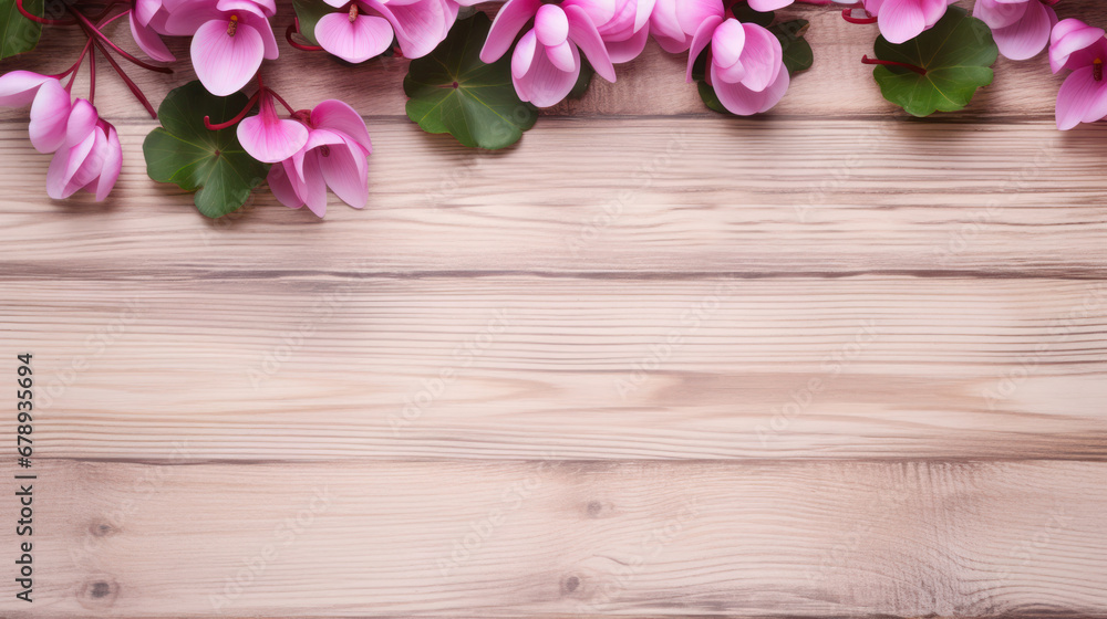 Cyclamen on Wooden Background, Beautiful Flowers, Winter Floral, Copy Space. Generative AI Cyclamen on Wooden Background, Beautiful Flowers, Winter Floral, Copy Space. Generative AI