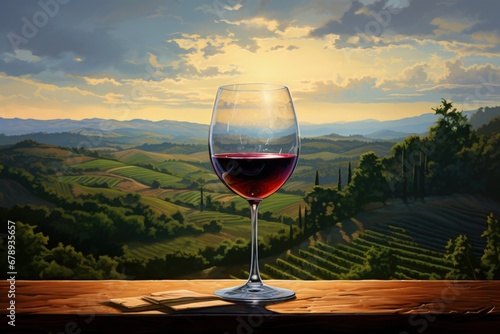 Glass of wine on a wooden table with a view of a field in the background with the sunset. Generative AI