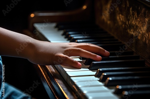 Child's hands playing the piano. Generative AI