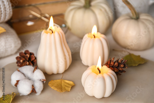 Beautiful composition with candles, forest bumps and autumn leaves on white wooden background