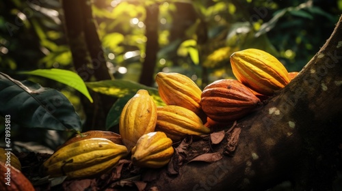 Wallpaper Mural Illustration of ripe cocoa pods on cocoa tree, agriculture concept. Generative AI Torontodigital.ca