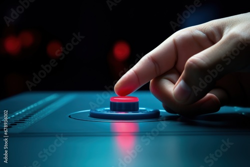 Businessman hand pressing red button, business concept. Generative AI