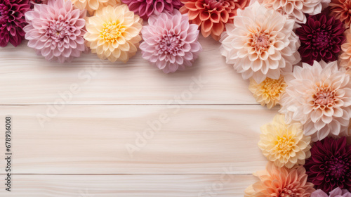 Dahlias on Wooden Background, Beautiful Flowers, Summer Floral, Copy Space. Generative AI
