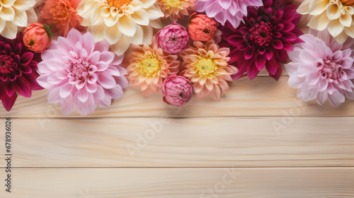 Dahlias on Wooden Background, Beautiful Flowers, Summer Floral, Copy Space. Generative AI