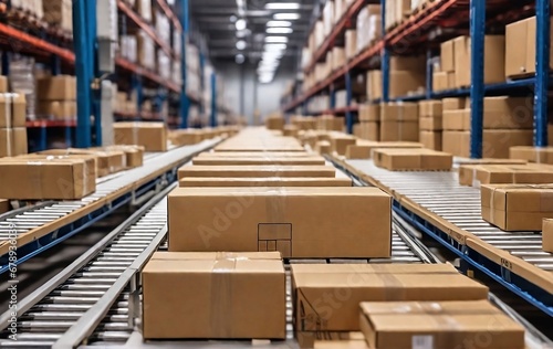 ecommerce cardboard box packages seamlessly moving along a conveyor belt in a warehouse fulfillment center, e-commerce for delivering products created with generative ai