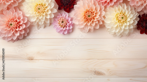 Dahlias on Wooden Background, Beautiful Flowers, Summer Floral, Copy Space. Generative AI
