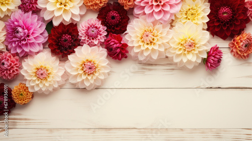 Dahlias on Wooden Background, Beautiful Flowers, Summer Floral, Copy Space. Generative AI