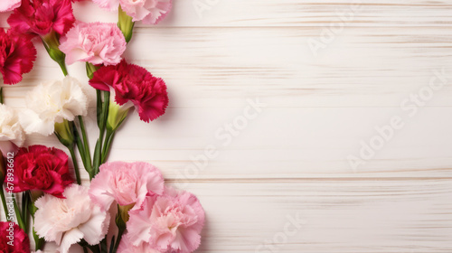 Dianthus (Carnations) on Wooden Background, Beautiful Flowers, Spring Floral, Copy Space. Generative AI © BussarinK