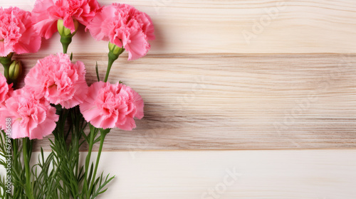 Dianthus (Carnations) on Wooden Background, Beautiful Flowers, Spring Floral, Copy Space. Generative AI