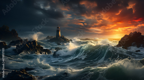 Majestic Stormy Seascape Lighthouse. generative ai.