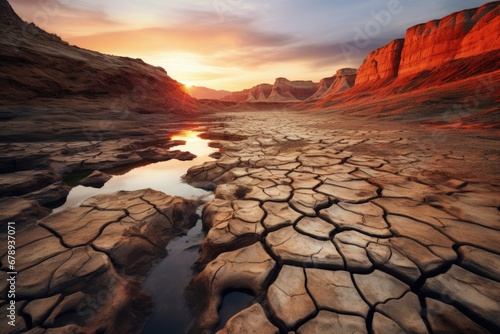 Dry desert with cracked soil, desert drought concept. Generative AI photo