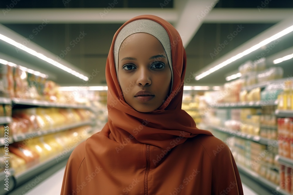 young Arab woman in a supermarket, portrait of a female Muslim Arabic person at the grocery store or mall young Arab woman in a supermarket, portrait of a female Muslim Arabic person at the grocery store or mall