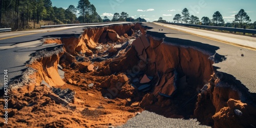 Asphalt road destroyed due to natural disaster. Generative AI photo