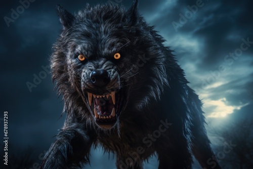 Fierce werewolf in the forest, full moon day, dark background. Generative AI © Deivison