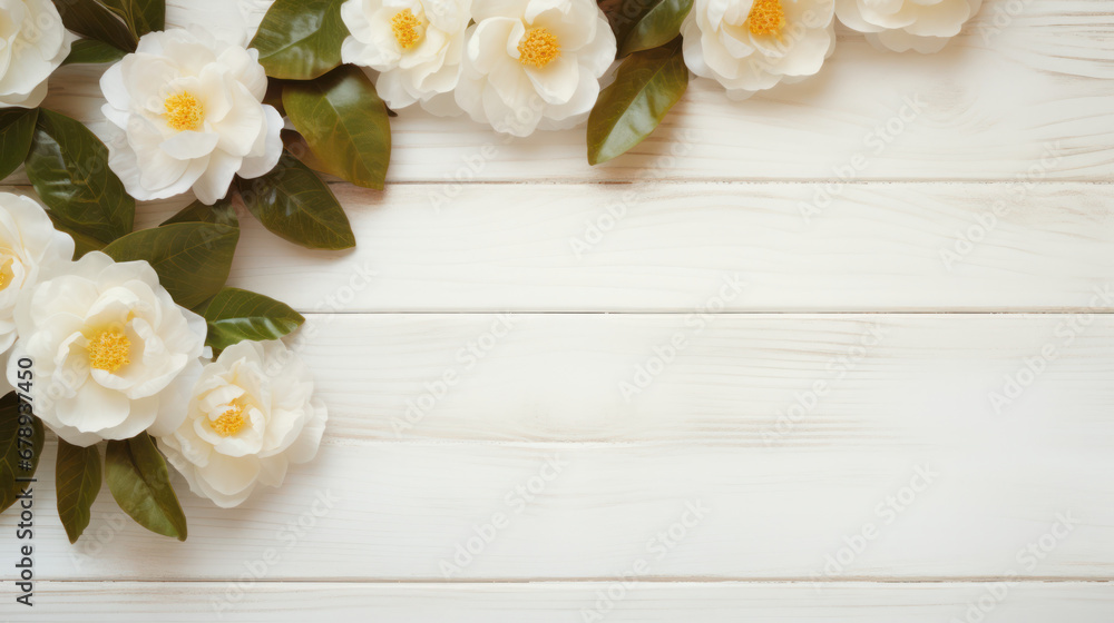 Fall-blooming Camellias on Wooden Background, Beautiful Flowers, Autumn Floral, Copy Space. Generative AI Fall-blooming Camellias on Wooden Background, Beautiful Flowers, Autumn Floral, Copy Space. Generative AI