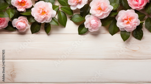 Fall-blooming Camellias on Wooden Background, Beautiful Flowers, Autumn Floral, Copy Space. Generative AI