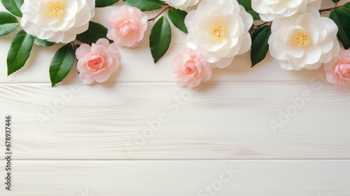 Fall-blooming Camellias on Wooden Background, Beautiful Flowers, Autumn Floral, Copy Space. Generative AI © BussarinK