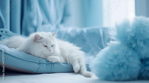 blue monday concept, white cat lying on a pet bed in a blue room photo