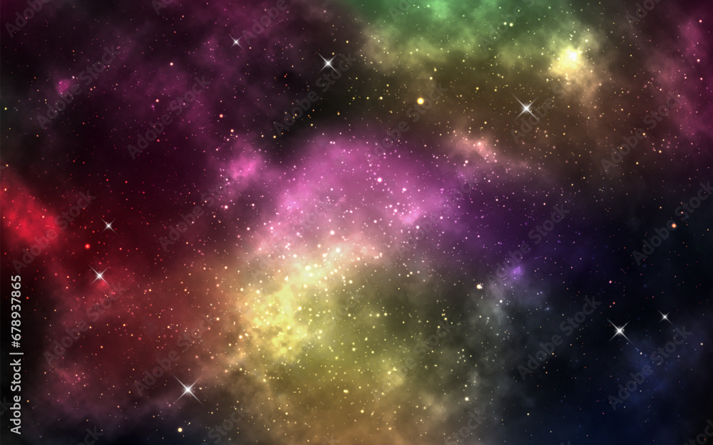 Galaxy background. Colorful starry nebula. Realistic universe with shining stars. Cosmic stardust effect. Color texture with constellations. Outer space backdrop. Vector illustration