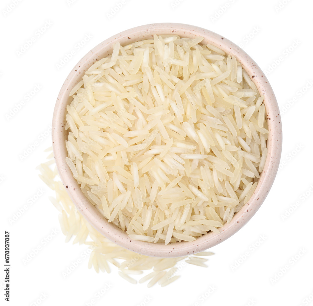 Raw rice in bowl isolated on white, top view Raw rice in bowl isolated on white, top view
