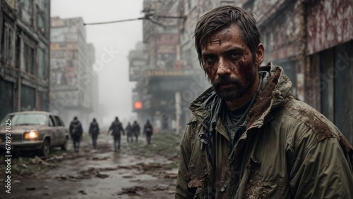 tired dirty man in a post apocalyptic city