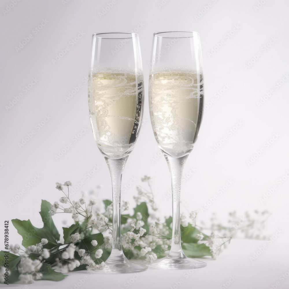 Two. Glasses of champagne where is the button hole flowers, with transparent background Two. Glasses of champagne where is the button hole flowers, with transparent background
