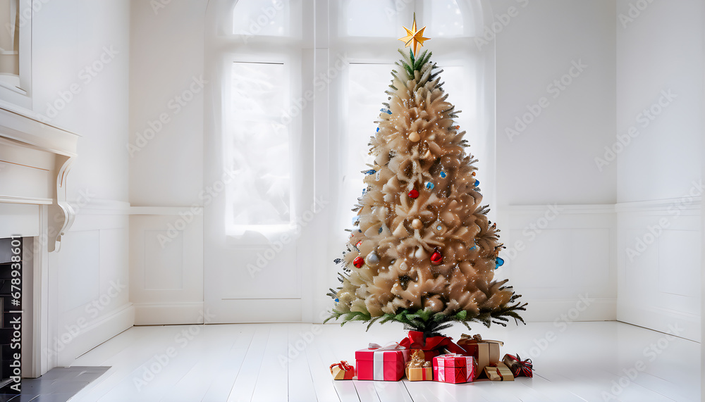 Christmas tree with colorful  decoration and gifts in the white room Christmas