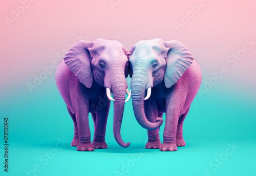  A scene of tender love for wild animals, two beautiful elephants embracing in pastel shades. Valentine's Day in the animal kingdom, expressing warmth and connection with nature. © mimi