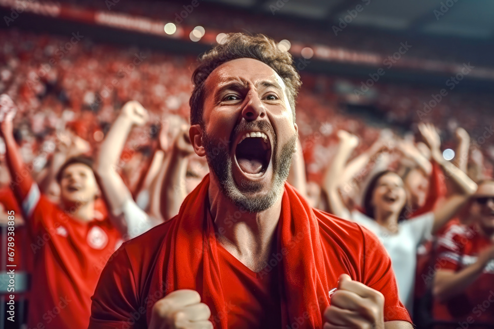 Enthusiastic male sports fan is fully immersed in the excitement of a soccer match with a high-energy crowd in background, her impassioned cheering shows the joy of sport Enthusiastic male sports fan is fully immersed in the excitement of a soccer match with a high-energy crowd in background, her impassioned cheering shows the joy of sport