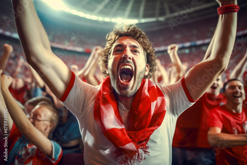 Enthusiastic male sports fan is fully immersed in the excitement of a soccer match with a high-energy crowd in background, her impassioned cheering shows the joy of sport