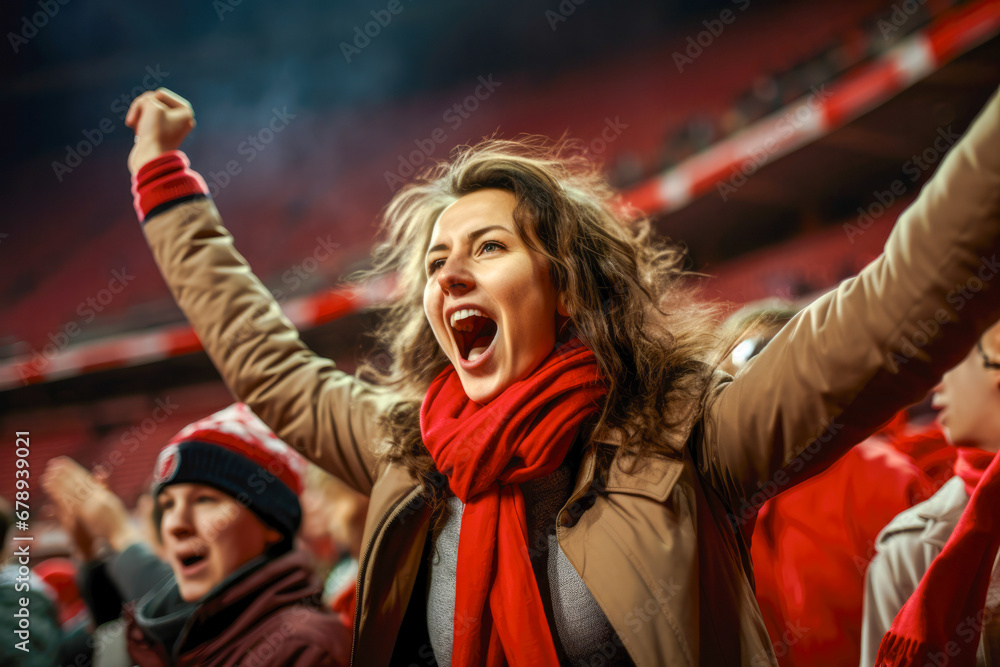 Enthusiastic female sports fan is fully immersed in the excitement of a soccer match with a high-energy crowd in background, her impassioned cheering shows the joy of sport