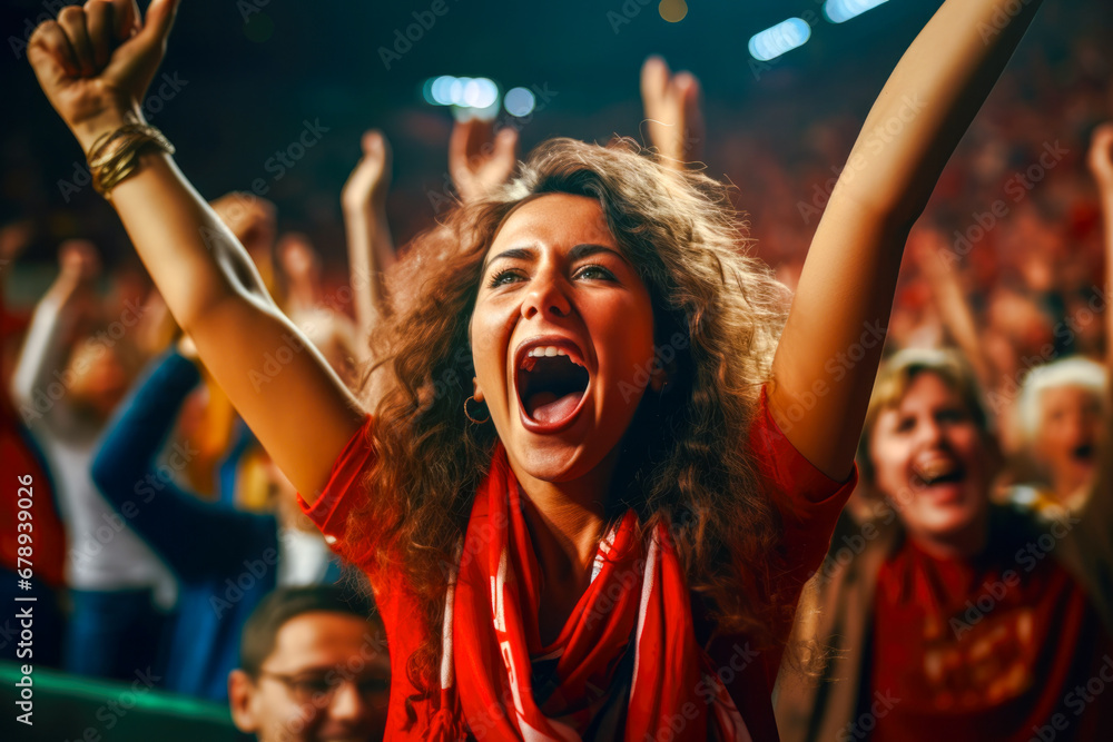 Enthusiastic female sports fan is fully immersed in the excitement of a soccer match with a high-energy crowd in background, her impassioned cheering shows the joy of sport Enthusiastic female sports fan is fully immersed in the excitement of a soccer match with a high-energy crowd in background, her impassioned cheering shows the joy of sport