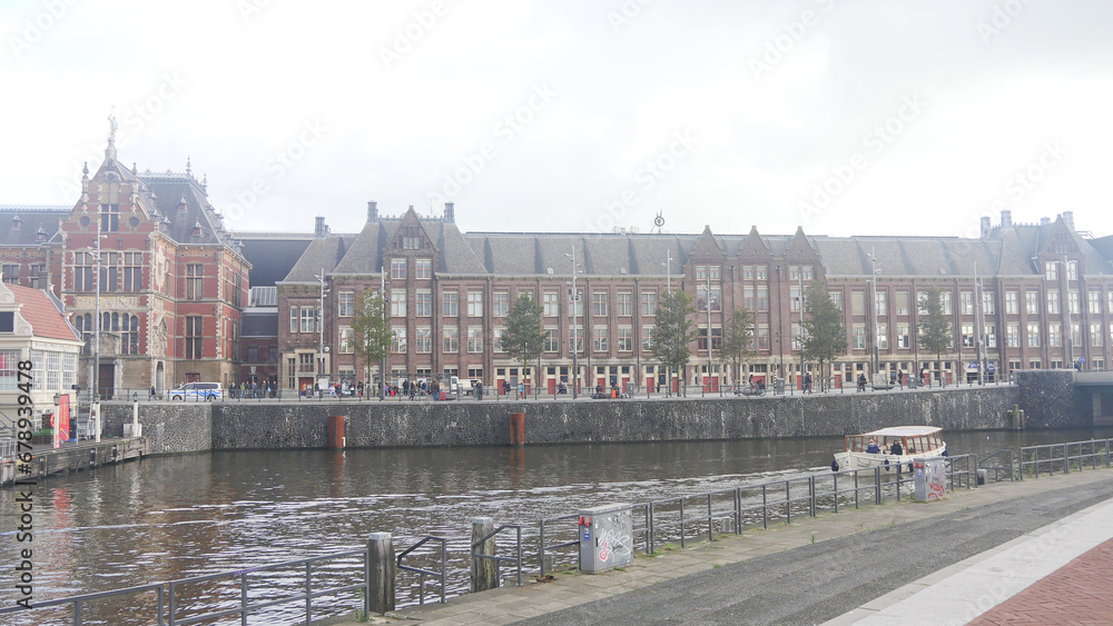 Netherland historical and modern buildings along the Amsterdam river canal
