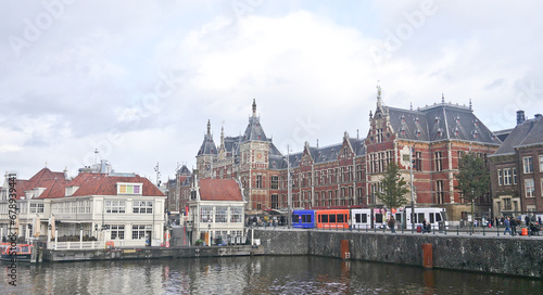 Netherland historical and modern buildings along the Amsterdam river canal 