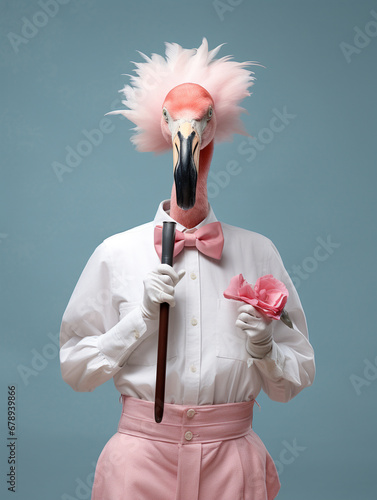 An Anthropomorphic Flamingo Dressed Up as a French Maid photo