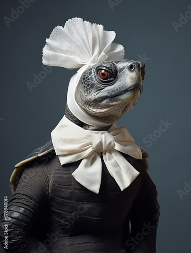 An Anthropomorphic Sea Turtle Dressed Up as a French Maid photo