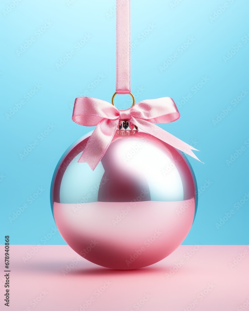 Metallic pink Christmas eve bauble with pink ribbon and bow on blue pink background. Minimal concept of Christmas celebration and New Year season. Pastel colors
