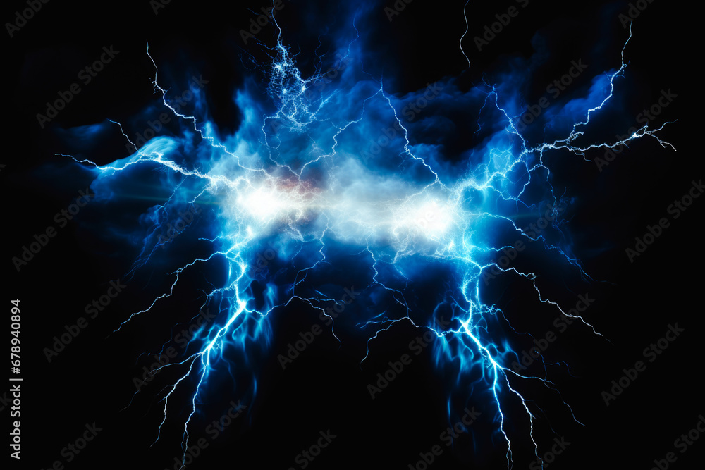 Intense blue lightning bolts strike against a dark background Intense blue lightning bolts strike against a dark background