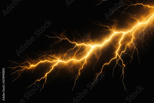 Intense lightning bolts strike against a dark night sky, showcasing nature's electric power. Isolated on dark background