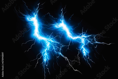 Intense blue lightning bolts strike against a dark background