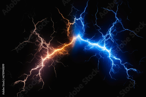Two intense lightning bolts, one orange and one blue on dark background