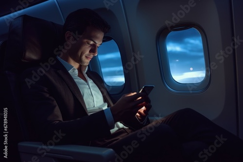 Portrait businessman sitting using smart phone inside airplane near the window, AI Generative © Nijieimu