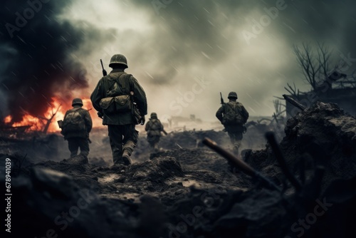 Soldiers on the battlefield in war, AI Generative photo