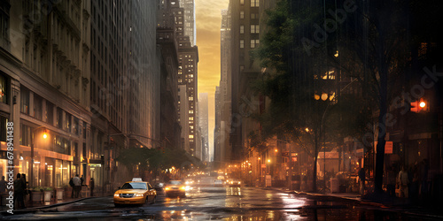 NYC Sunset Street. Generative ai.