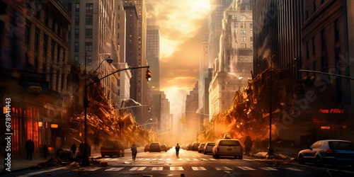NYC Sunset Street. Generative ai. © Uolir