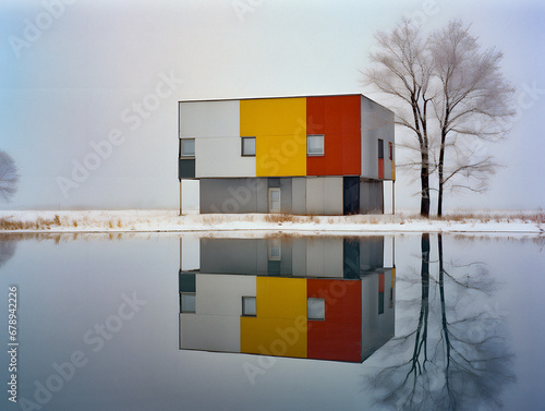 Bauhaus Inspired Mondrian Colors - Exterior View. Generative ai. photo